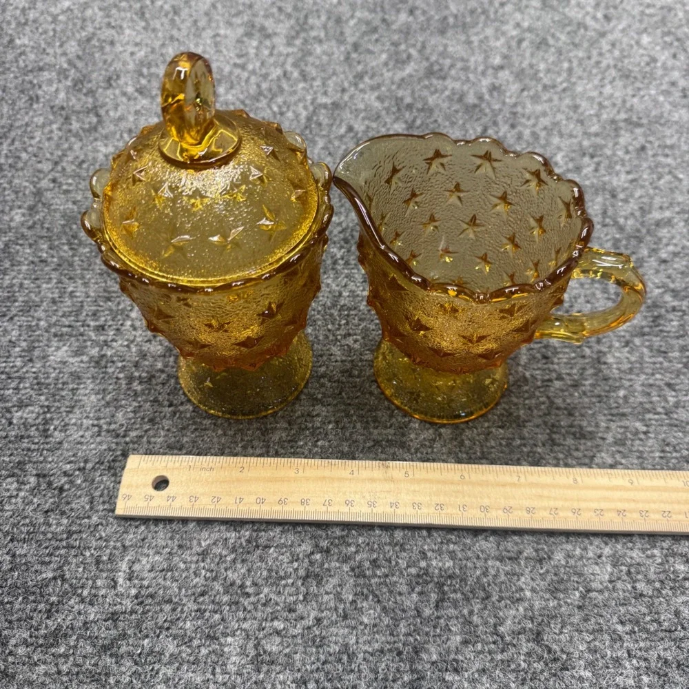 Vintage Amber Glass Sugar and Creamer Set Star Pattern Gold MCM Retro Decor